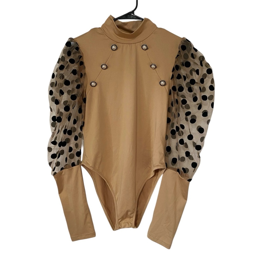 SHEIN Tan Polka Dot Bubble Sleeve Mock Neck Bodysuit